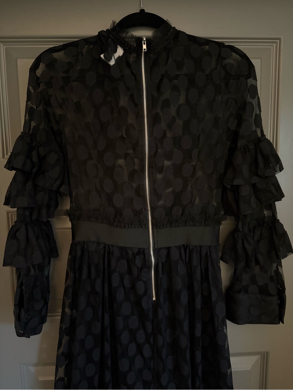 Eien black sheer polka dot maxi dress with ruffled long sleeves, size medium - Picture 6 of 7